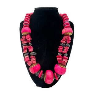 Funky Pink Wooden Beaded Statement Necklace